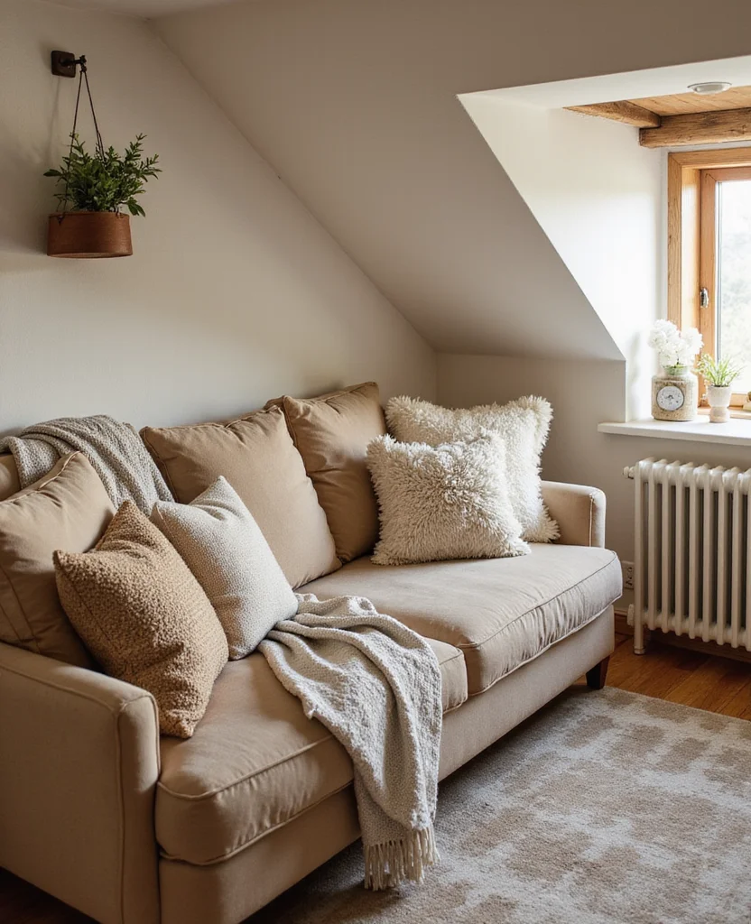 19 Sloped Ceiling Living Room Ideas That'll Make You Say 'Wow!' - 12. Cozy Textiles for Comfort