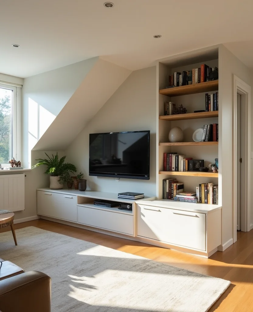 19 Sloped Ceiling Living Room Ideas That'll Make You Say 'Wow!' - 17. Incorporate Built-in Furniture
