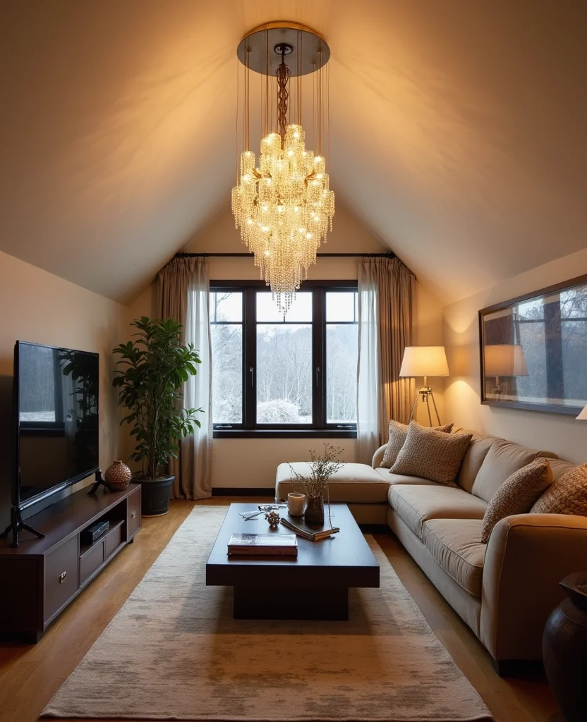 19 Sloped Ceiling Living Room Ideas That'll Make You Say 'Wow!' - 5. Statement Lighting Fixtures