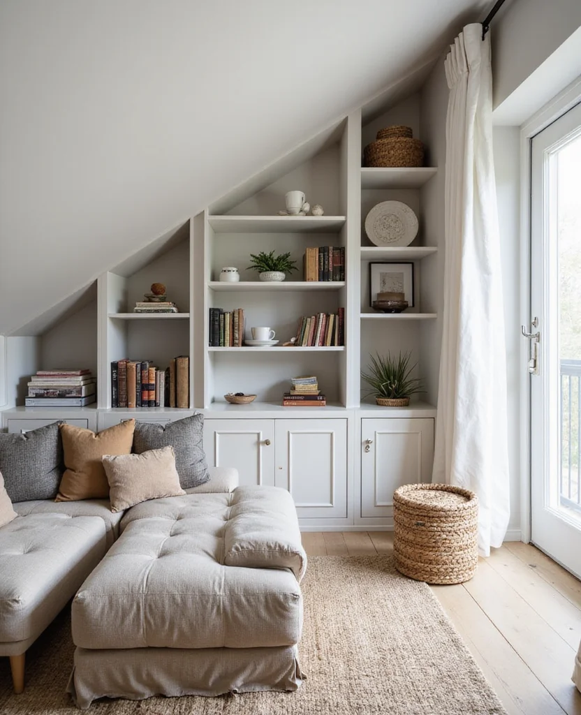 19 Sloped Ceiling Living Room Ideas That'll Make You Say 'Wow!' - 6. Functional Storage Solutions