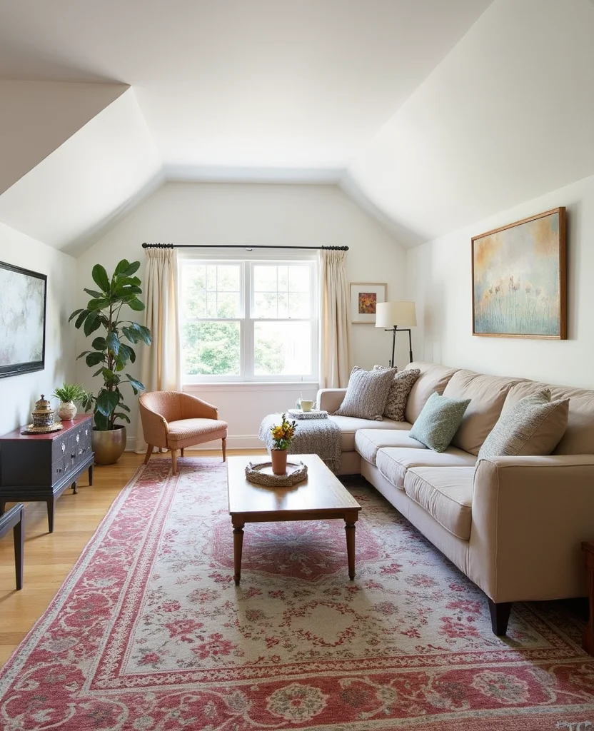 19 Sloped Ceiling Living Room Ideas That'll Make You Say 'Wow!' - 8. Layered Rugs for Comfort