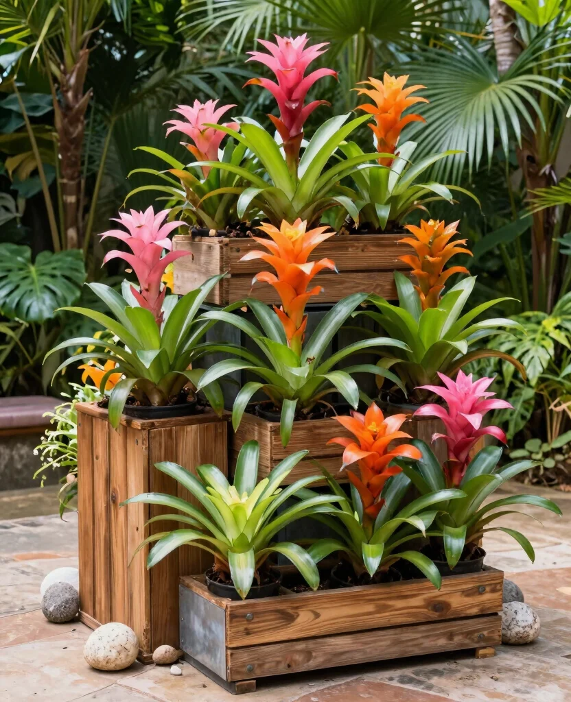 19 Stunning Bromeliad Landscaping Ideas That Will Transform Your Garden into a Tropical Paradise! 13 19 Stunning Bromeliad Landscaping Ideas That Will Transform Your Garden into a Tropical Paradise! - 2. Stacked Bromeliad Planters