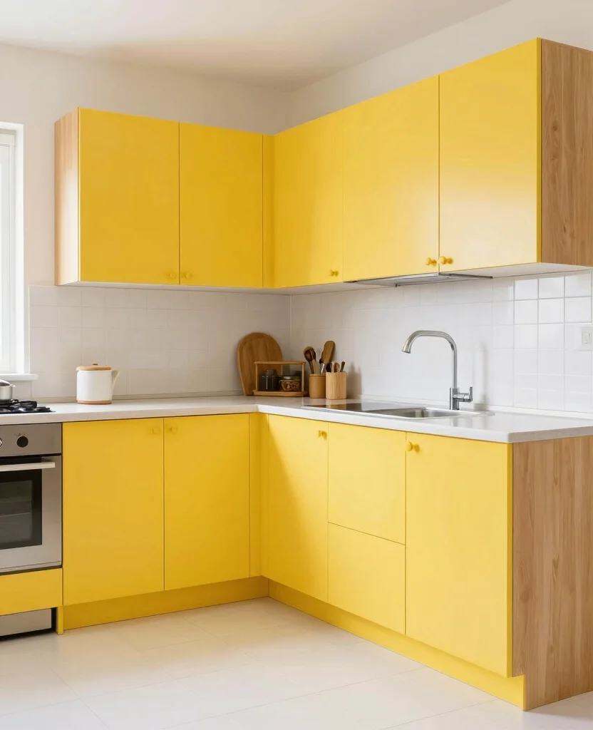 19 Stunning Cabinet Colors That Make White Tile Floors Shine Bright! - 12. Sunny Yellow