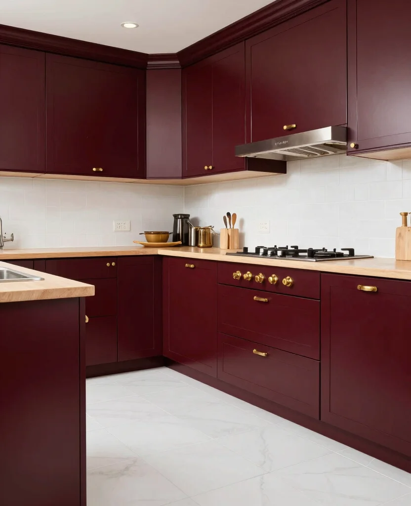 19 Stunning Cabinet Colors That Make White Tile Floors Shine Bright! - 14. Rich Burgundy