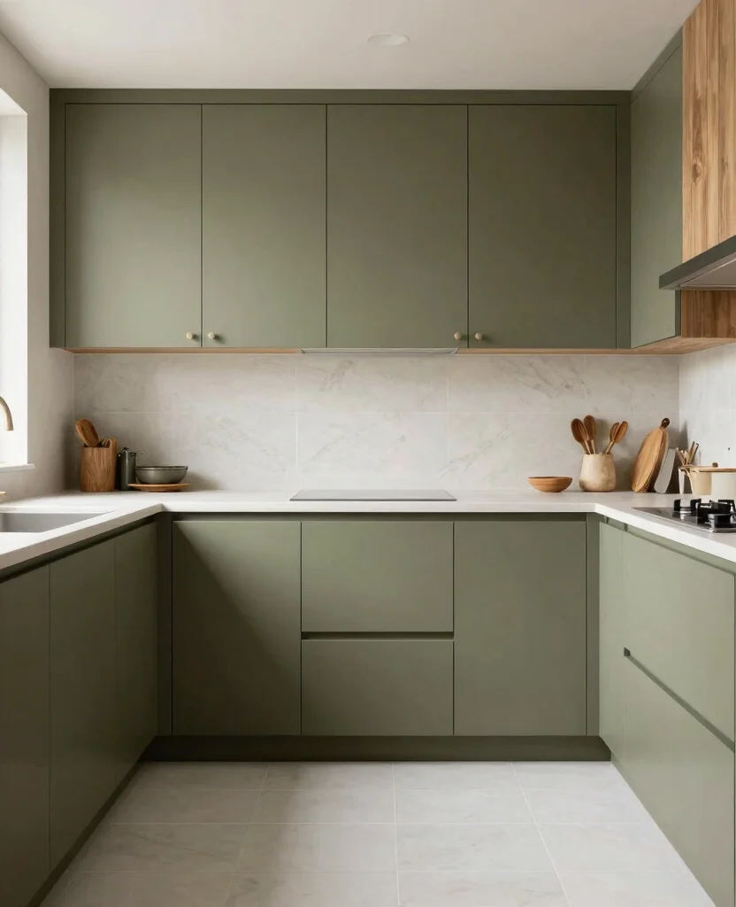19 Stunning Cabinet Colors That Make White Tile Floors Shine Bright! - 18. Earthy Olive Green