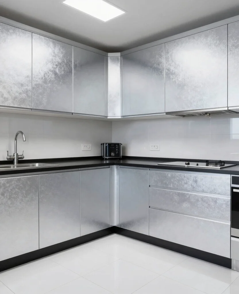 19 Stunning Cabinet Colors That Make White Tile Floors Shine Bright! - 19. Shimmering Silver