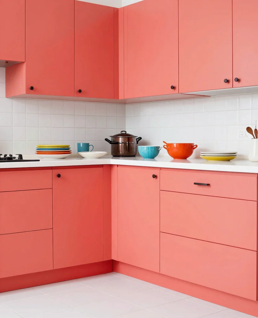 19 Stunning Cabinet Colors That Make White Tile Floors Shine Bright! - 3. Vibrant Coral