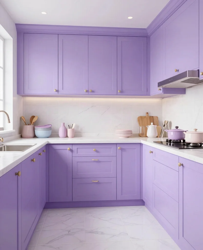 19 Stunning Cabinet Colors That Make White Tile Floors Shine Bright! - 9. Soft Lilac