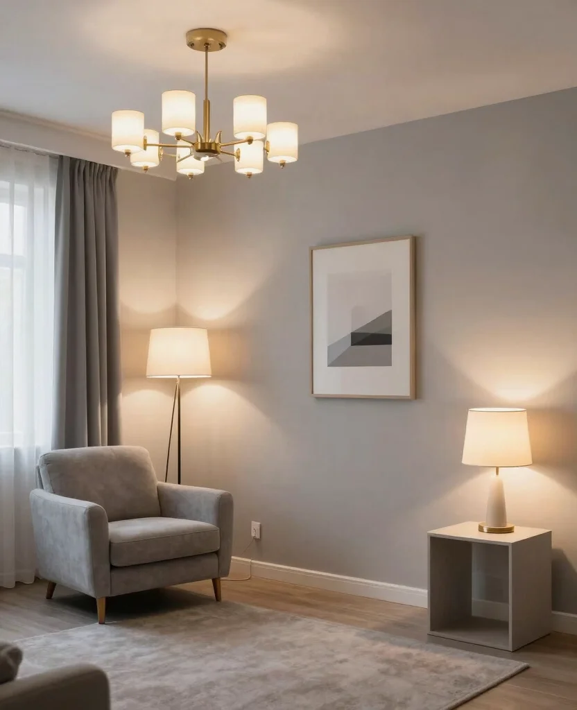 19 Stunning Gray and White Living Room Ideas That Redefine Minimalism (You’ll Love #12!) - 7. Layered Lighting 1