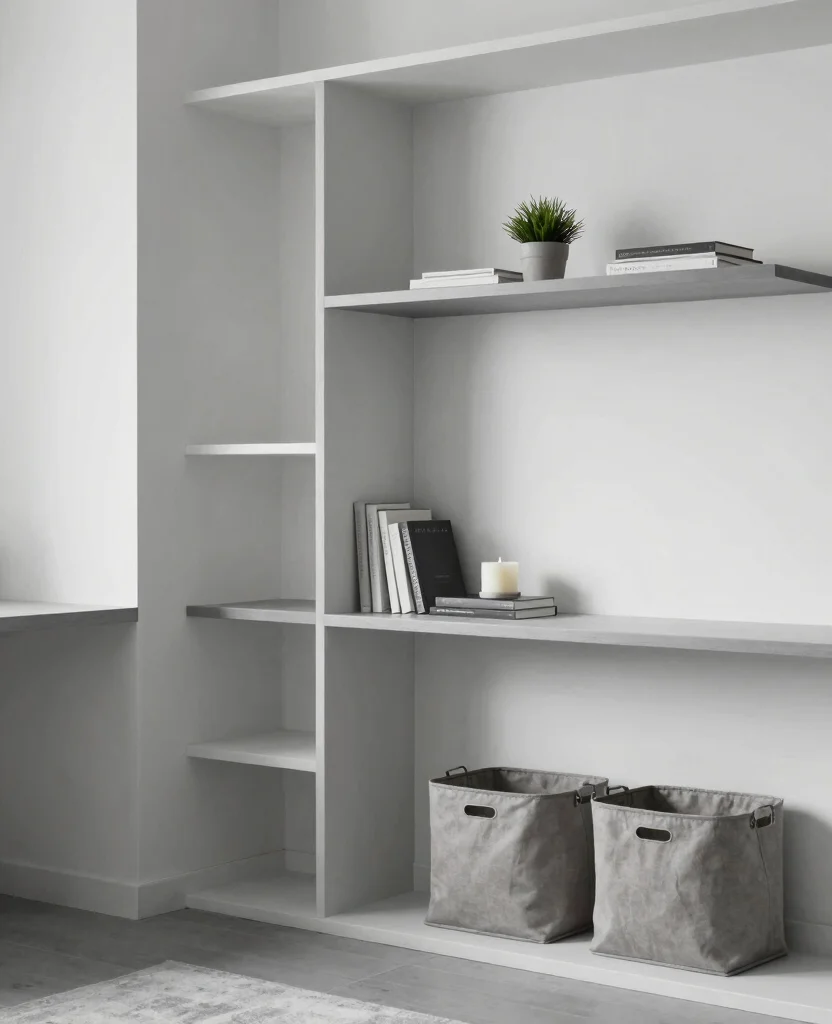 19 Stunning Gray and White Living Room Ideas That Redefine Minimalism (You’ll Love #12!) - 9. Minimalist Storage Solutions 1