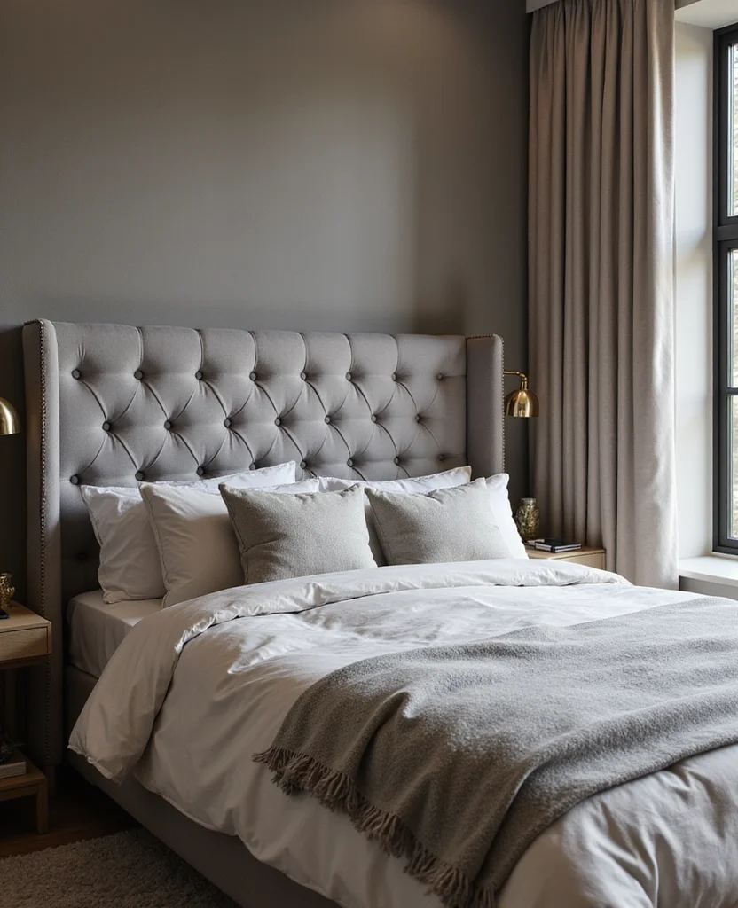 19 Stunning Grey Headboard Bedroom Ideas to Elevate Your Style (Wait Until You See #12!) - 1. Luxe Tufted Grey Headboard