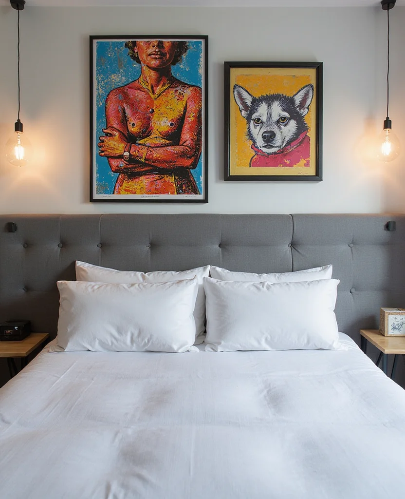 19 Stunning Grey Headboard Bedroom Ideas to Elevate Your Style (Wait Until You See #12!) - 10. Grey Headboard with Bold Artwork