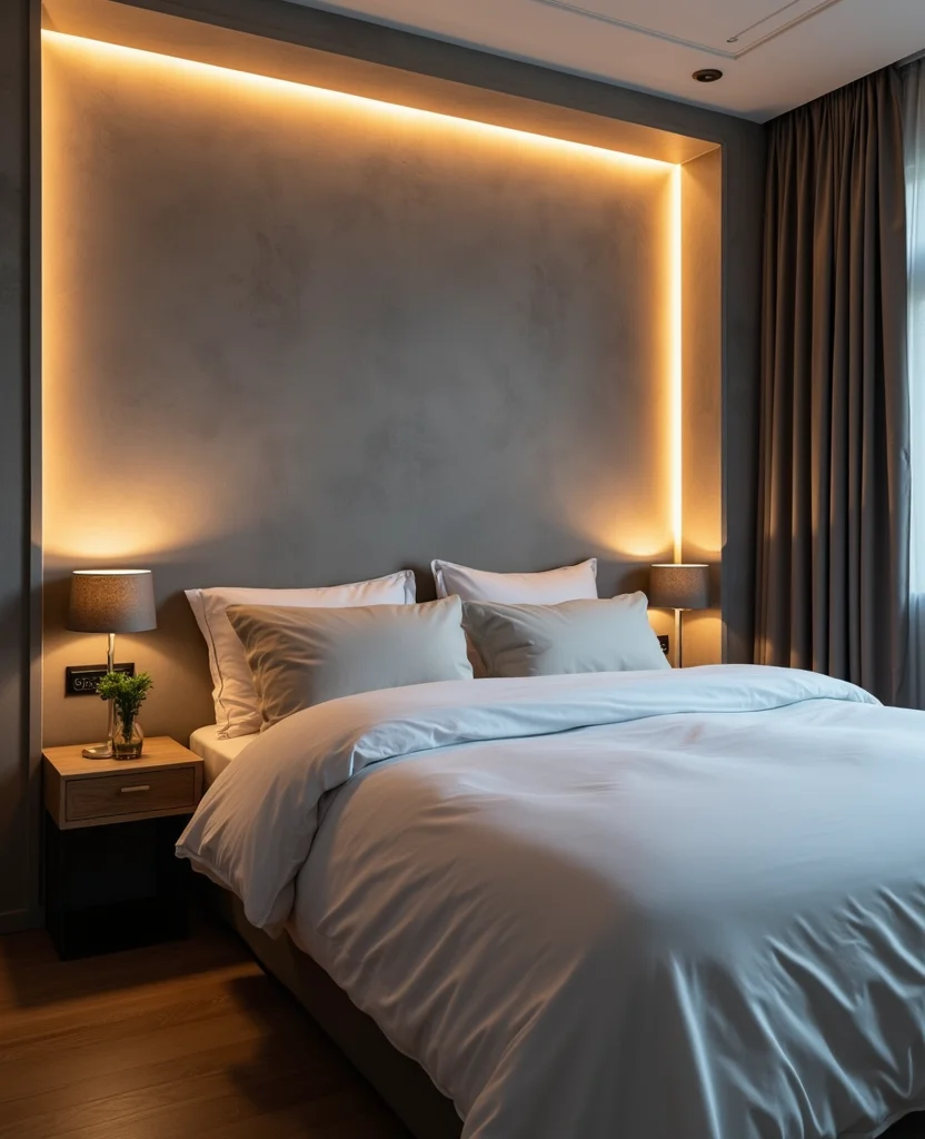 19 Stunning Grey Headboard Bedroom Ideas to Elevate Your Style (Wait Until You See #12!) - 11. Grey Headboard with Integrated Lighting