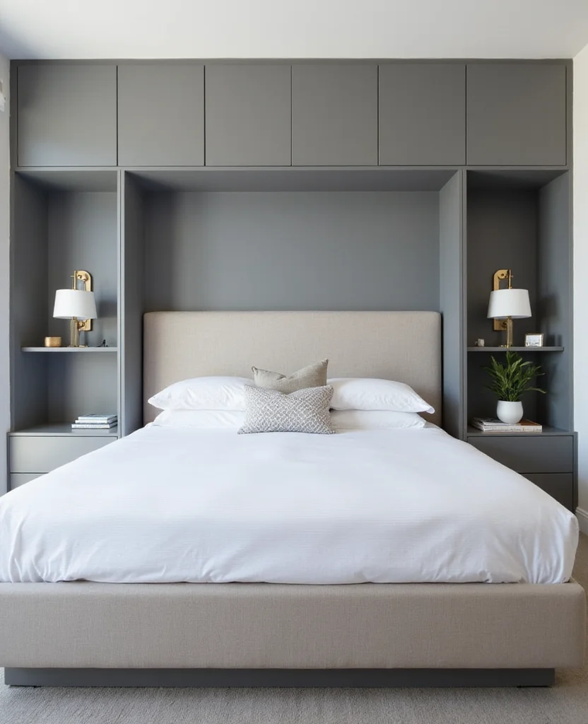 19 Stunning Grey Headboard Bedroom Ideas to Elevate Your Style (Wait Until You See #12!) - 15. Grey Headboard with Built-in Nightstands