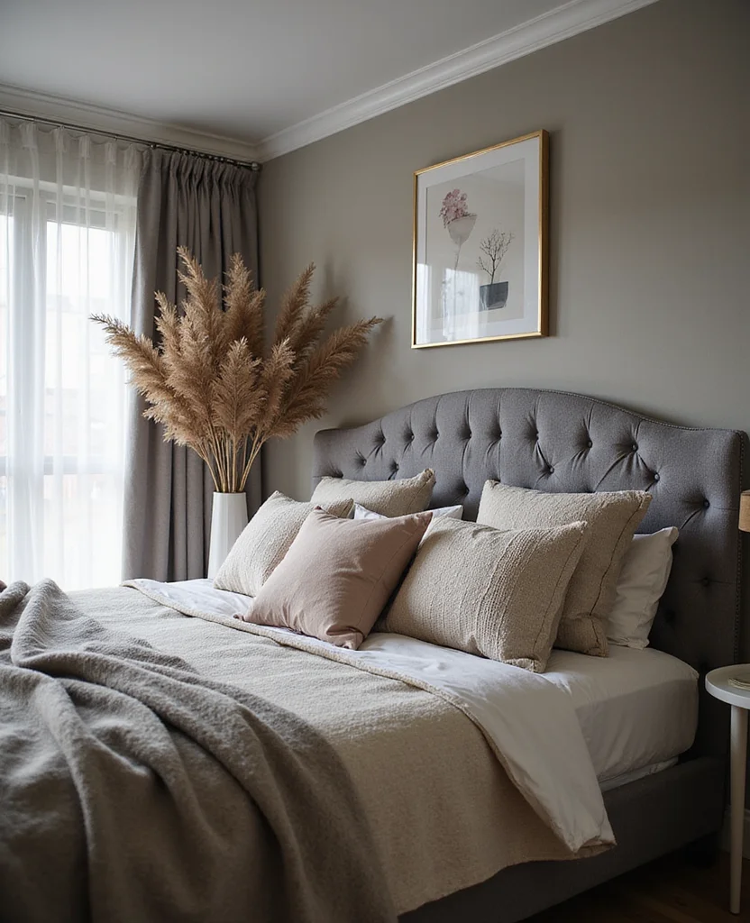 19 Stunning Grey Headboard Bedroom Ideas to Elevate Your Style (Wait Until You See #12!) - 16. Grey Headboard with Layered Textures