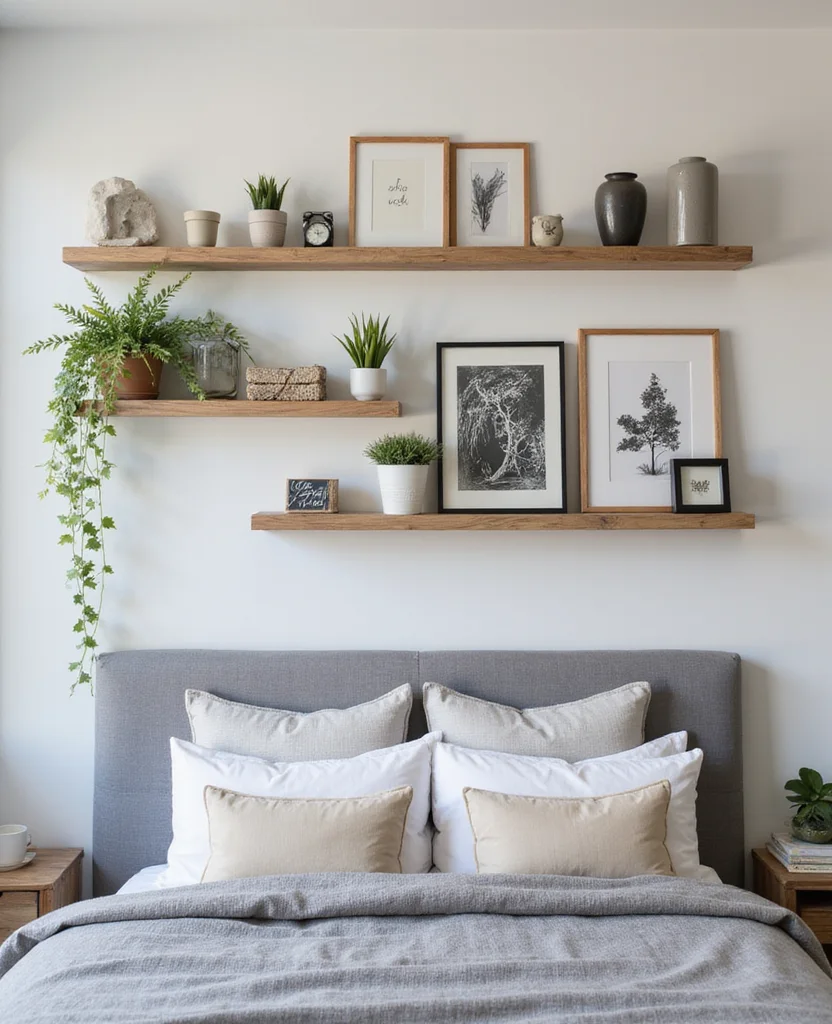 19 Stunning Grey Headboard Bedroom Ideas to Elevate Your Style (Wait Until You See #12!) - 17. Grey Headboard with Floating Shelves