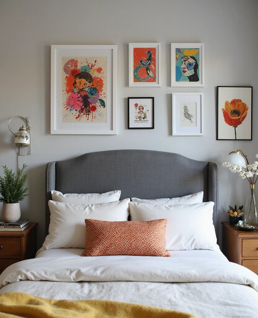 19 Stunning Grey Headboard Bedroom Ideas to Elevate Your Style (Wait Until You See #12!) - 18. Grey Headboard with Creative Art Displays