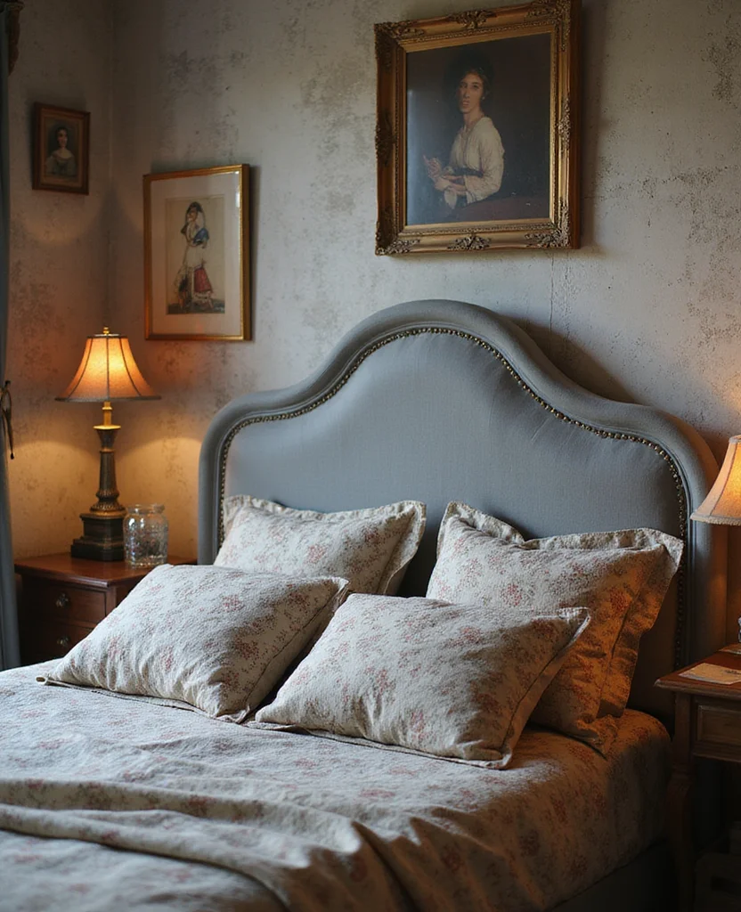 19 Stunning Grey Headboard Bedroom Ideas to Elevate Your Style (Wait Until You See #12!) - 19. Grey Headboard with Vintage Touches