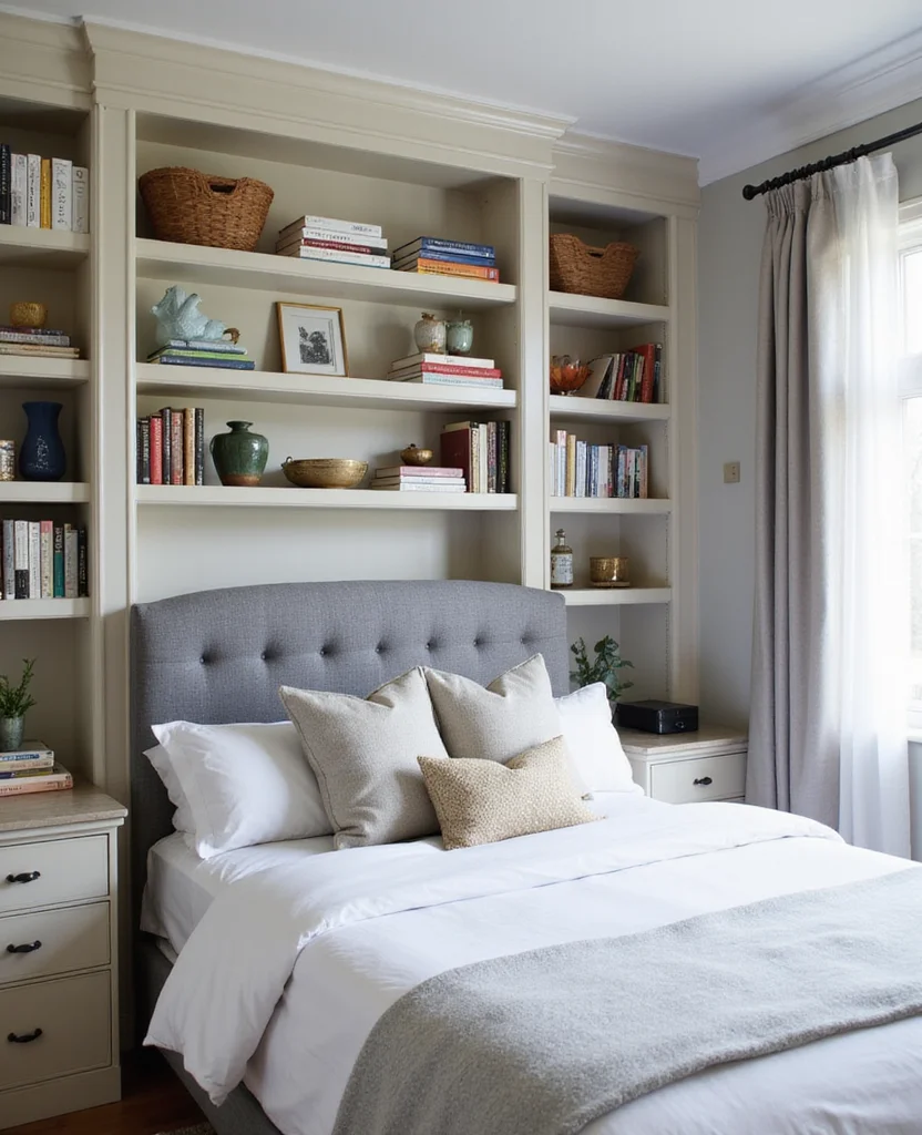 19 Stunning Grey Headboard Bedroom Ideas to Elevate Your Style (Wait Until You See #12!) - 4. Grey Headboard with Built-in Shelves