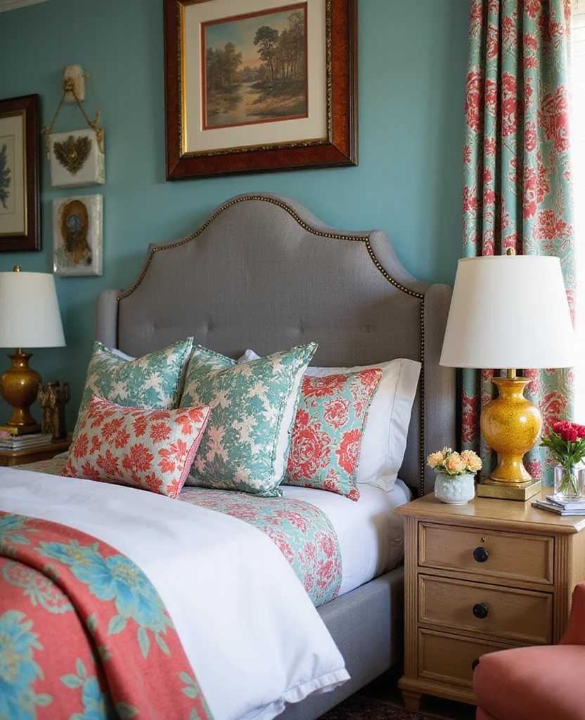 19 Stunning Grey Headboard Bedroom Ideas to Elevate Your Style (Wait Until You See #12!) - 6. Grey Headboard with Patterned Fabric