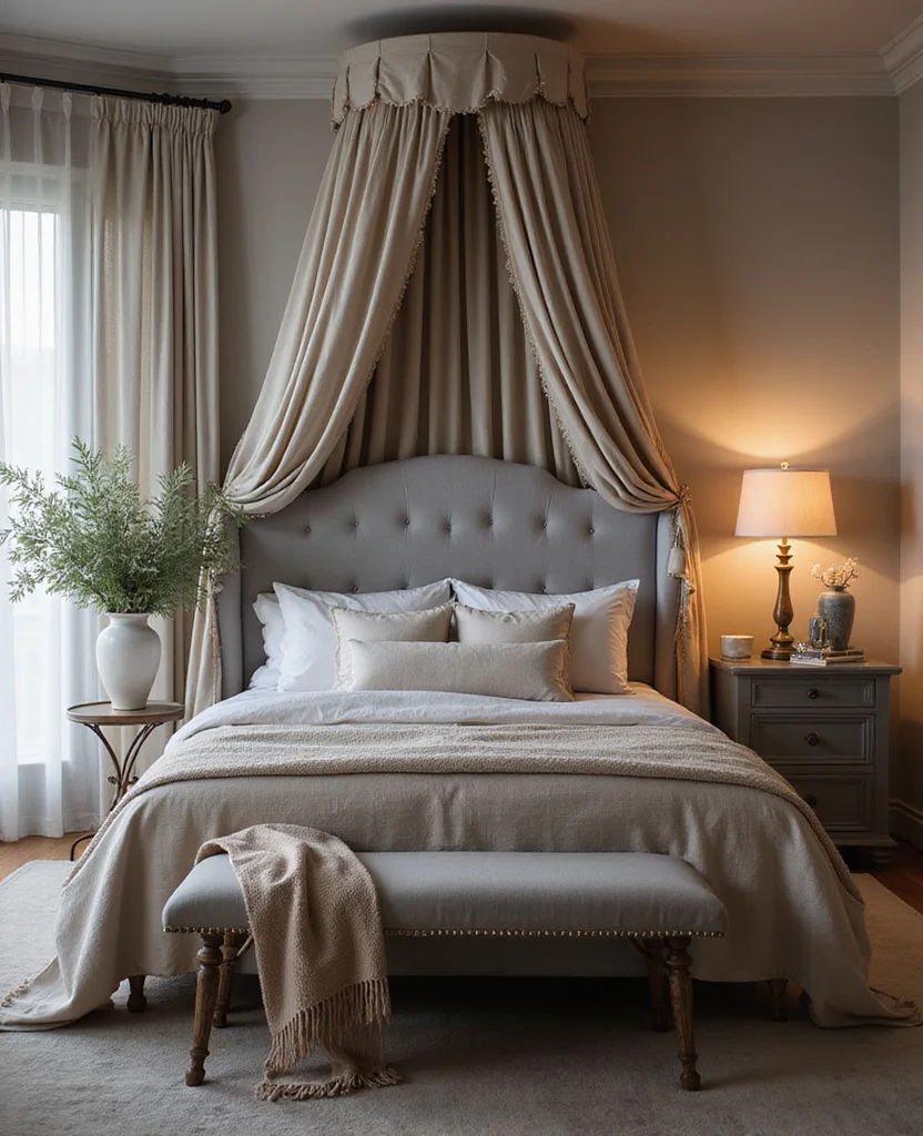 19 Stunning Grey Headboard Bedroom Ideas to Elevate Your Style (Wait Until You See #12!) - 9. Grey Headboard with Canopy
