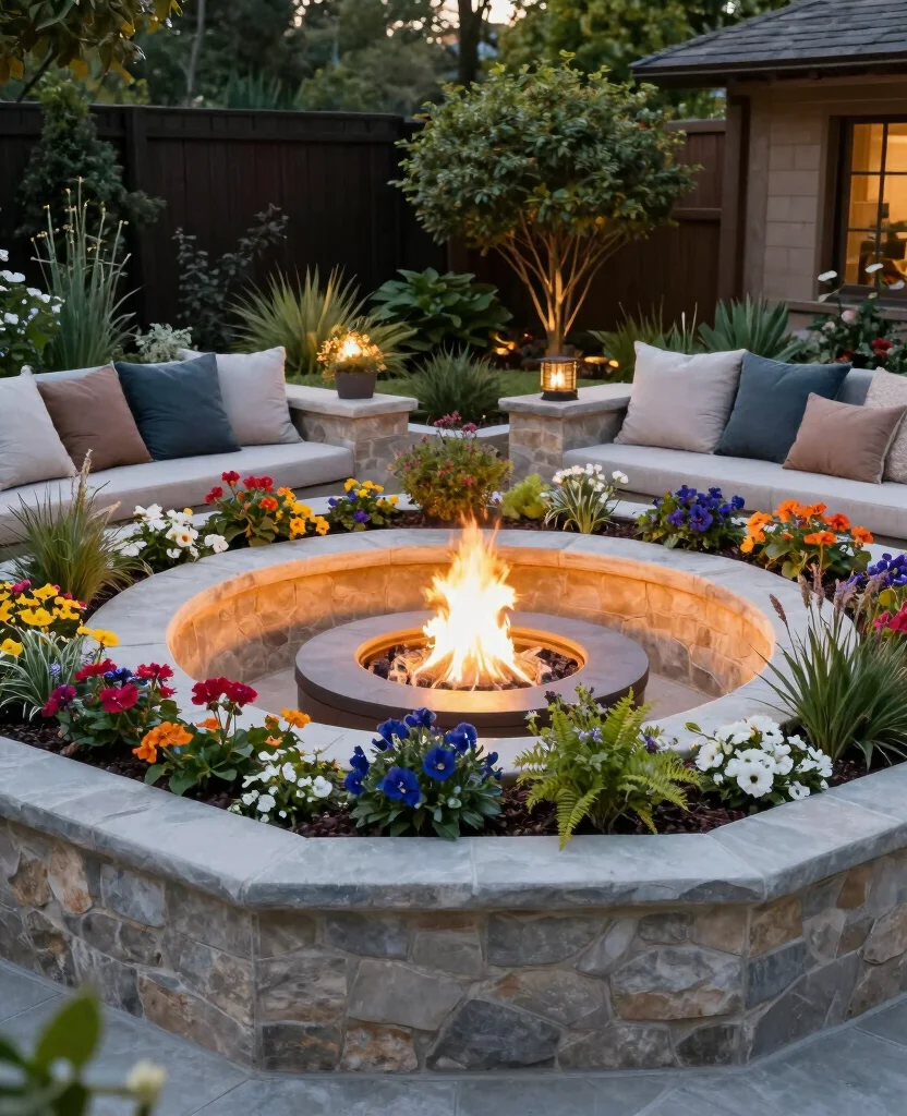 19 Stunning In-Ground Fire Pit Ideas for Your Backyard Oasis (You Won't Believe #7!) - 19. Fire Pit with Built-In Planters 1
