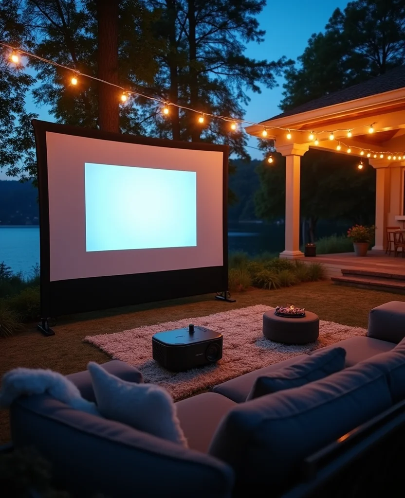 19 Stunning Lake House Backyard Ideas That Will Make You Want to Move In! 147 19 Stunning Lake House Backyard Ideas That Will Make You Want to Move In! - 14. Outdoor Movie Night Setup