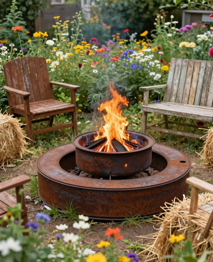 19 Stunning Metal Fire Pit Ideas that Will Transform Your Backyard into a Cozy Oasis! - 13. Vintage Wheel Fire Pit 1