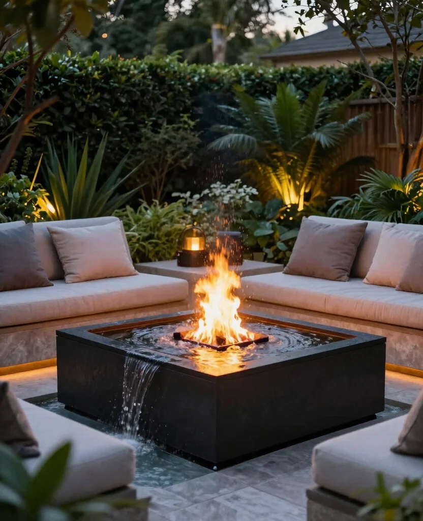 19 Stunning Metal Fire Pit Ideas that Will Transform Your Backyard into a Cozy Oasis! - 15. Fire Pit with Water Feature 1