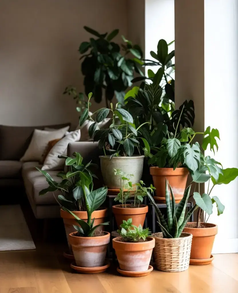 19 Living Rooms with Lush Greenery That Will Transform Your Home into a Tropical Paradise! 17 19 Living Rooms with Lush Greenery That Will Transform Your Home into a Tropical Paradise! / Clustered Pots Look