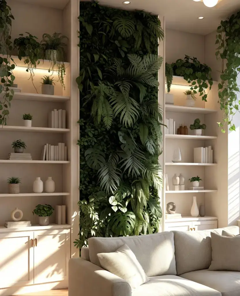19 Living Rooms with Lush Greenery That Will Transform Your Home into a Tropical Paradise! 9 19 Living Rooms with Lush Greenery That Will Transform Your Home into a Tropical Paradise! / Faux Green Wall