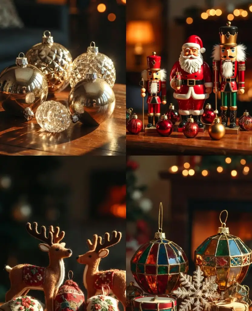 19 Stunning Vintage Christmas Ornaments Under $5 That'll Make You Nostalgic! 21 Retro Santas + nutcracker ornaments
Felt reindeer + embroidered cloth ornaments
Mercury glass baubles + glass pinecones
Stained-glass ornaments + vintage snowflakes + mini drums, all in a cozy glowing Christmas living room, photorealistic, warm golden lights, high resolution.*