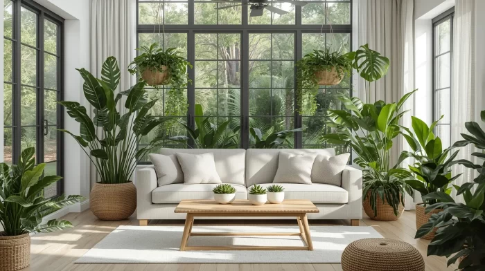 19 Living Rooms with Lush Greenery That Will Transform Your Home into a Tropical Paradise! / Modern living room filled with lush greenery, featuring tall indoor plants, hanging vines, natural sunlight, neutral furniture, and a calm biophilic design.