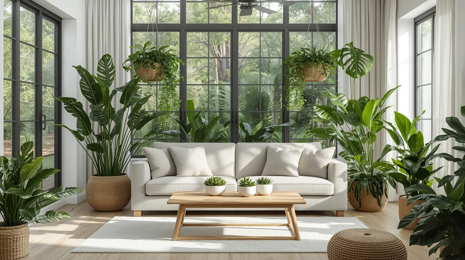 19 Living Rooms with Lush Greenery That Will Transform Your Home into a Tropical Paradise! / Modern living room filled with lush greenery, featuring tall indoor plants, hanging vines, natural sunlight, neutral furniture, and a calm biophilic design.
