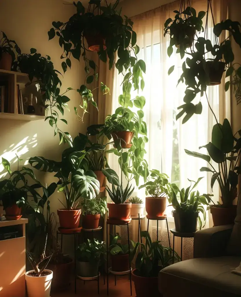 19 Living Rooms with Lush Greenery That Will Transform Your Home into a Tropical Paradise! 8 19 Living Rooms with Lush Greenery That Will Transform Your Home into a Tropical Paradise! / Sunlit Plant Corner