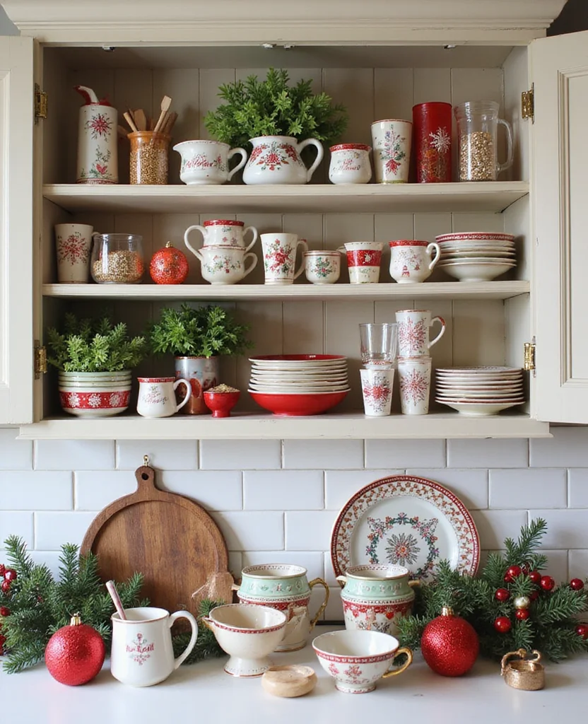Transform Your Space: 19 Christmas Kitchen Decor Ideas You Can't Miss! - 3. Merry Dishware Display