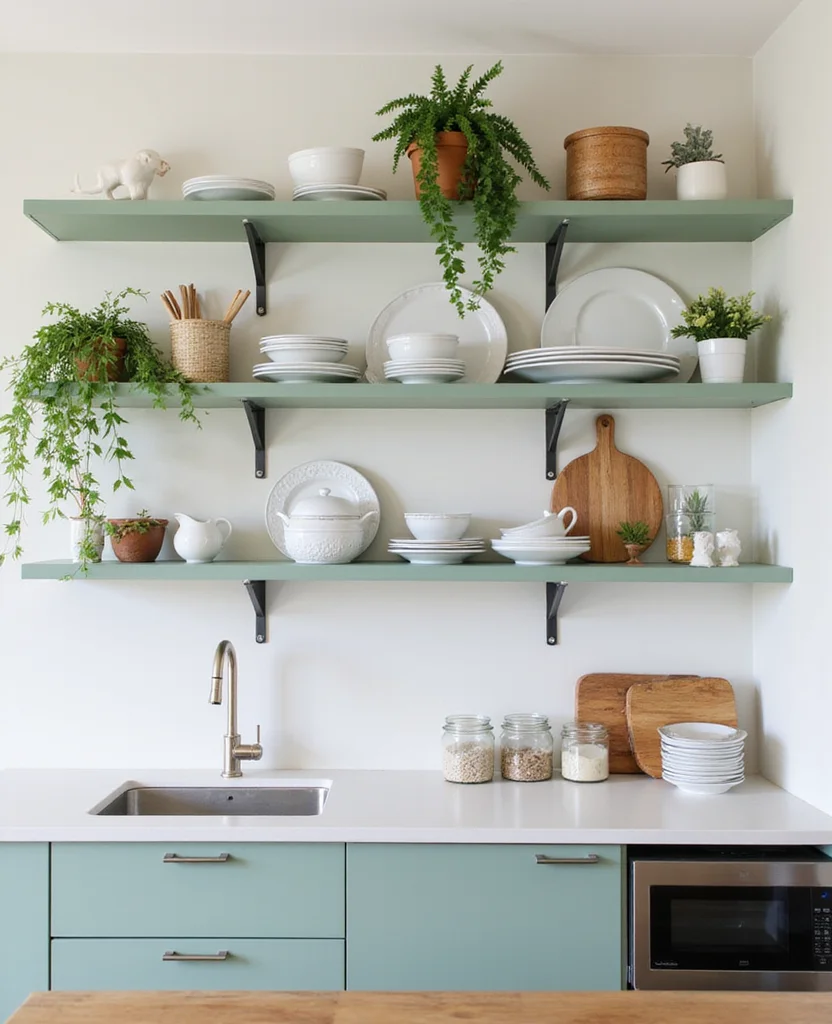 Transform Your Space: 19 Stunning Sage Green Kitchen Ideas You Can't Miss! - 10. Sage Green with Open Shelves