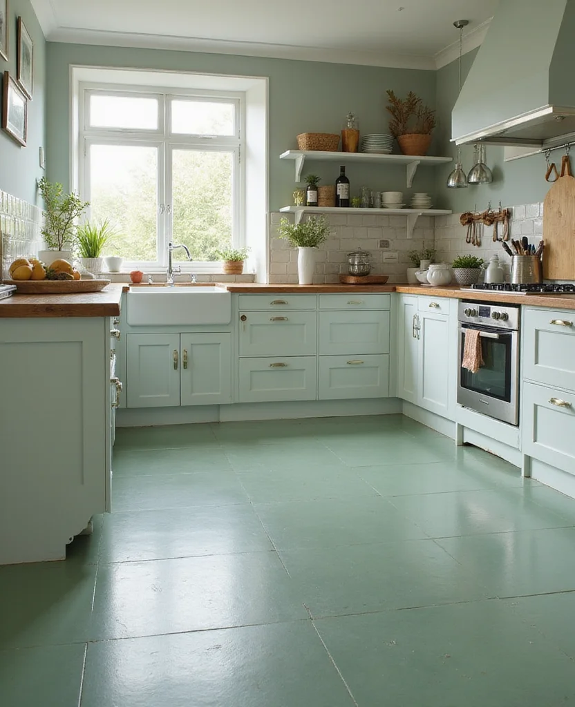 Transform Your Space: 19 Stunning Sage Green Kitchen Ideas You Can't Miss! - 11. Sage Green Flooring