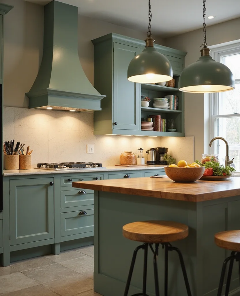 Transform Your Space: 19 Stunning Sage Green Kitchen Ideas You Can't Miss! - 14. Sage Green Lighting Fixtures