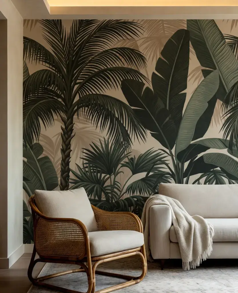 19 Living Rooms with Lush Greenery That Will Transform Your Home into a Tropical Paradise! 5 19 Living Rooms with Lush Greenery That Will Transform Your Home into a Tropical Paradise! / Tropical Wallpaper Accent Wall