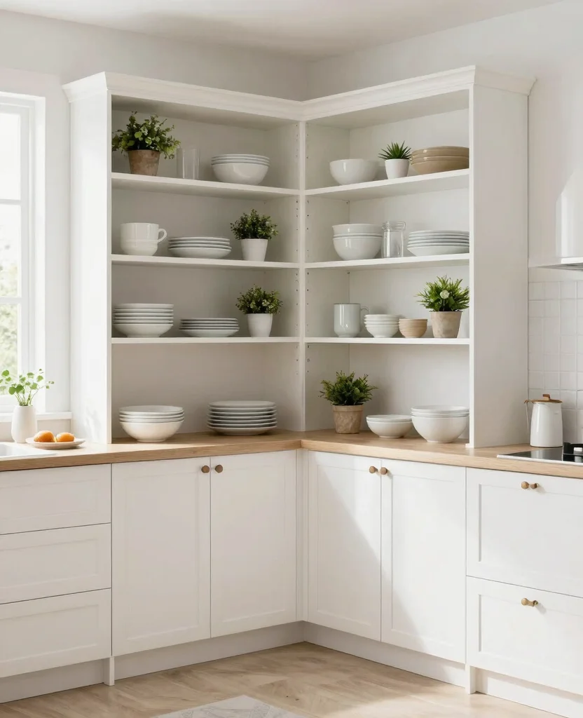 Unlock the Secrets: 19 Small Corner Kitchen Cabinet Ideas That Turn Wasted Space Into Storage Gold! 136 Unlock the Secrets: 19 Small Corner Cabinets That Maximize Your Kitchen Space! - 13. European-style Open Shelving 1