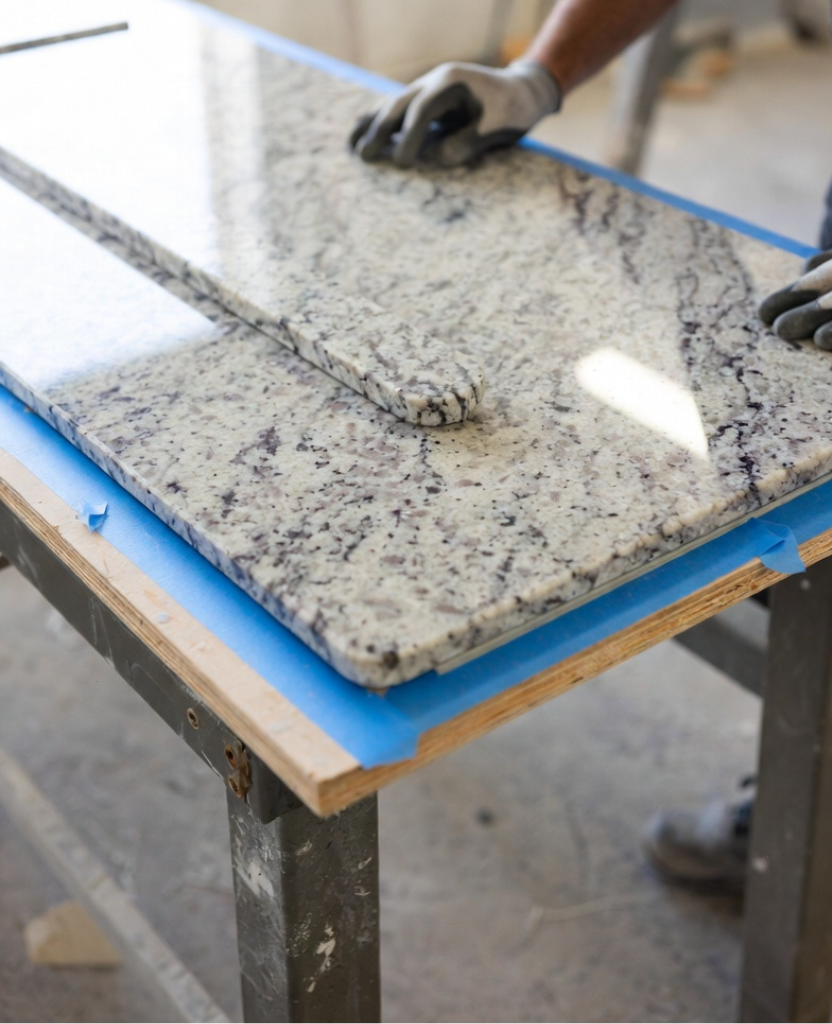 How to Make an Ogee Edge on Granite / Close-up of a granite countertop slab secured on a workbench, clean straight edge taped with blue painter’s tape, hands wearing safety gloves preparing the granite, bright natural workshop lighting, ultra-realistic, sharp focus, high resolution, professional stone fabrication setup