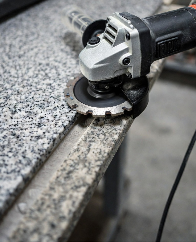 How to Make an Ogee Edge on Granite / Detailed shot of a variable-speed angle grinder with a diamond ogee profiling wheel attached, granite slab positioned below, stone fabrication workspace, realistic textures, tool-focused composition, soft industrial lighting, high-resolution professional DIY scene