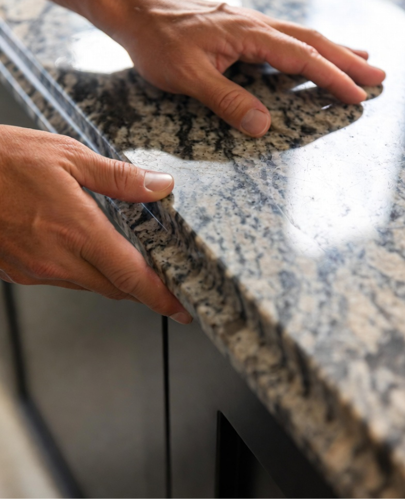 How to Make an Ogee Edge on Granite / Hands gently running along a polished ogee edge on granite, checking smoothness, bright natural light highlighting curves, clean countertop surface, luxury stone craftsmanship feel, high-resolution, realistic textures