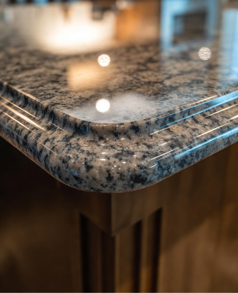 How to Make an Ogee Edge on Granite / Ultra-glossy ogee edge on granite countertop, mirror-like reflection, perfectly smooth curve, luxury kitchen lighting, professional stone finish, shallow depth of field, ultra-realistic, premium quality image