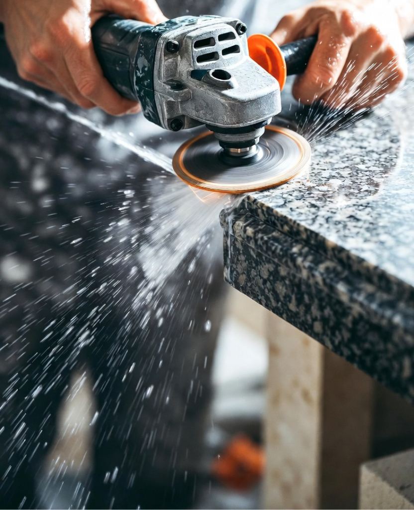 How to Make an Ogee Edge on Granite / Action shot of an angle grinder shaping an ogee edge on granite with water spraying, smooth curved edge forming, craftsman hands guiding the tool slowly, motion blur on water droplets, ultra-realistic, cinematic lighting, high detail stone texture
