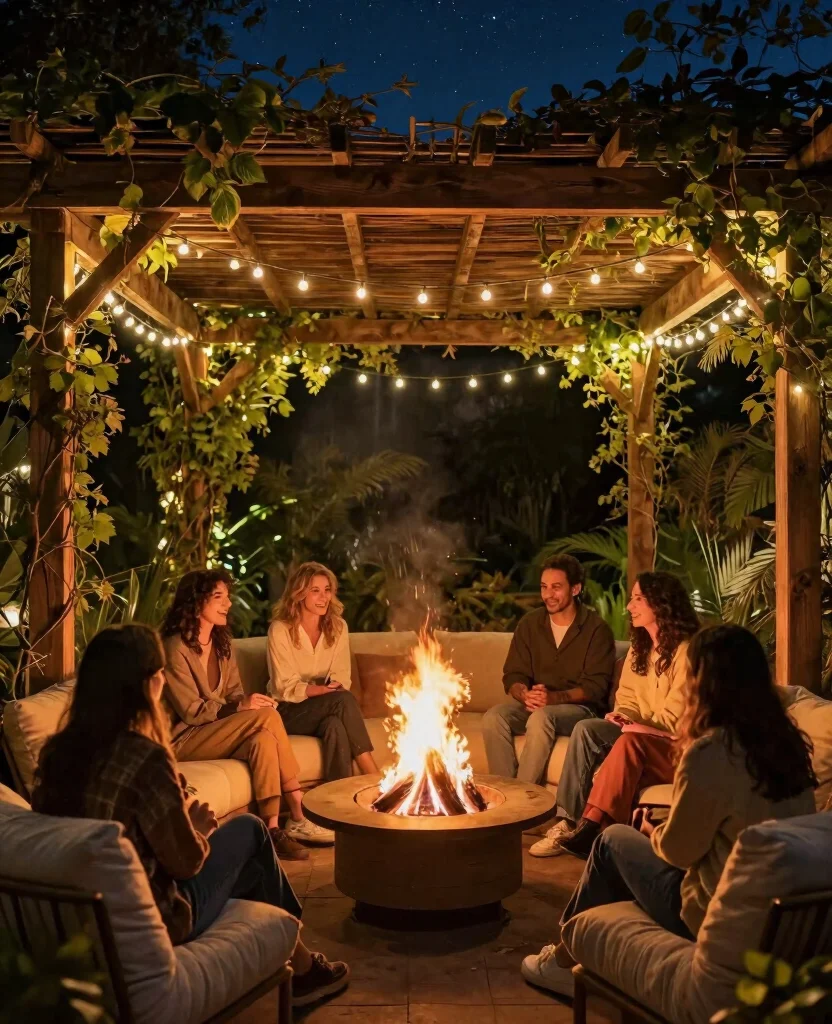 19 Cozy Cottage Fire Pit Ideas That Will Make You Want to Roast Marshmallows Tonight! - 12. Fire Pit with a Cozy Pergola 1