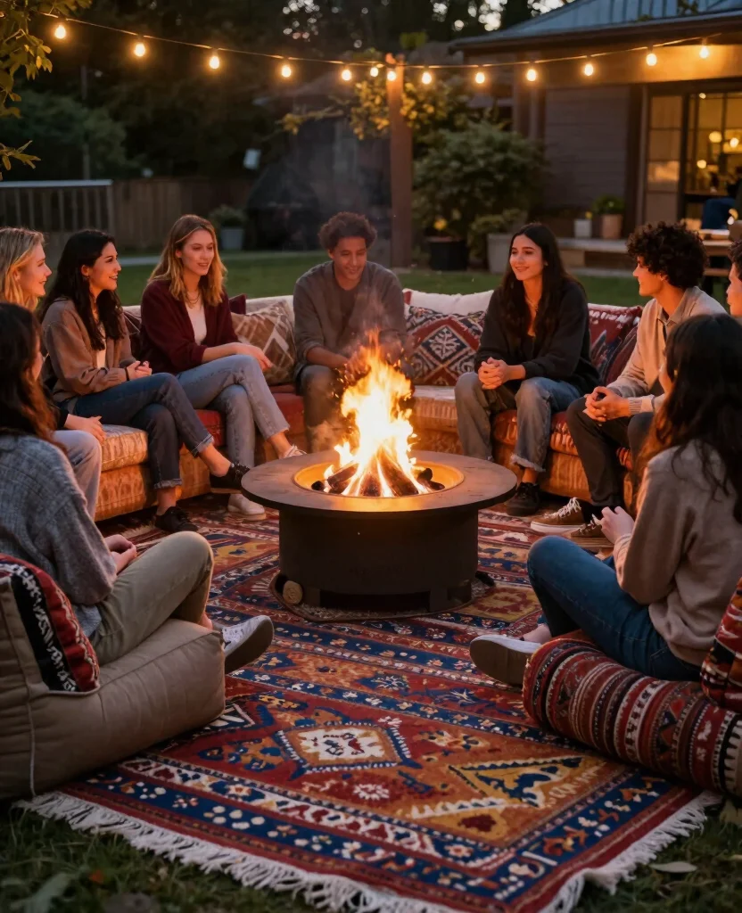 19 Cozy Cottage Fire Pit Ideas That Will Make You Want to Roast Marshmallows Tonight! - 15. Fire Pit with Outdoor Rugs 1