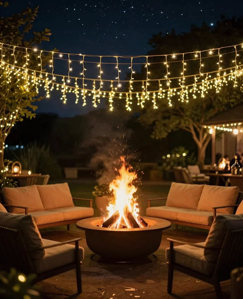 19 Cozy Cottage Fire Pit Ideas That Will Make You Want to Roast Marshmallows Tonight! - 8. Fire Pit Surrounded by Fairy Lights 1
