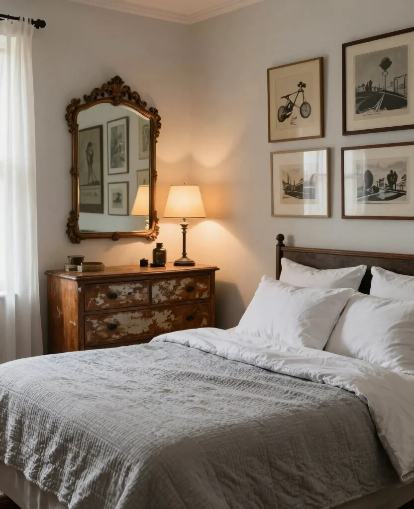 19 Cozy Grey and White Bedroom Ideas That'll Wrap You in Warmth! - 6. Vintage Touches 1